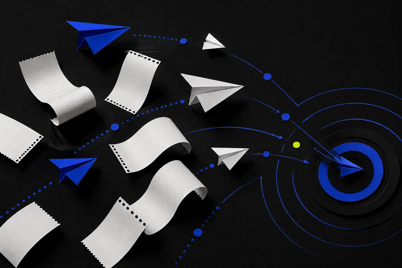 White and blue paper forms and planes moving along precise signal paths over black paper