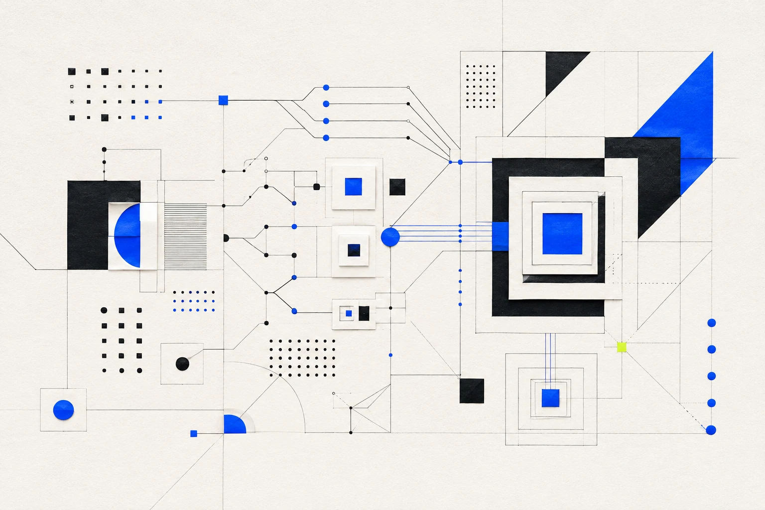 An abstract network of blue and black modules on textured paper, created for RightCyber Learning